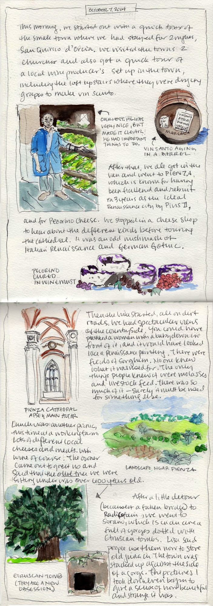 A handwritten travel journal entry with watercolor sketches of a statue, cheese, a cathedral, a scenic landscape in Tuscany, and an ancient ruin. The text describes experiences in Italy on October 6, 2018.
