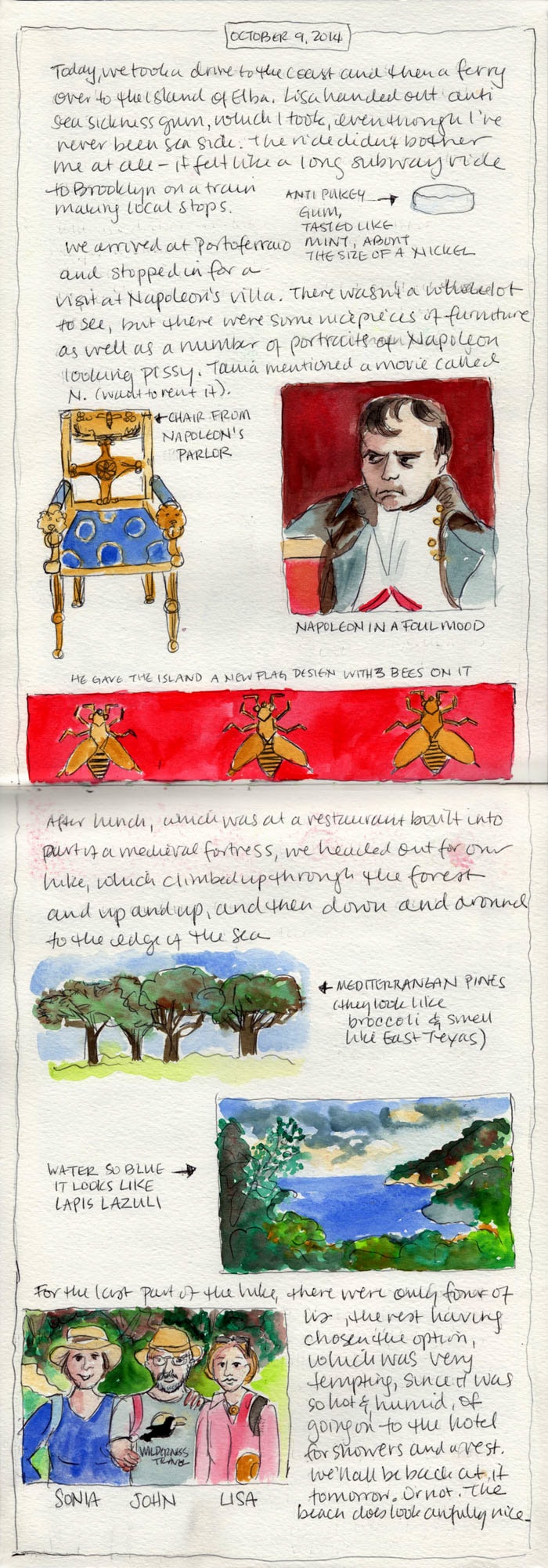 Hand-drawn journal page with October 7, 2018, entry detailing a car trip to explore the surrounding areas of Tuscany. Contains written notes, sketches of scenes, people, and items with color illustrations and labels.