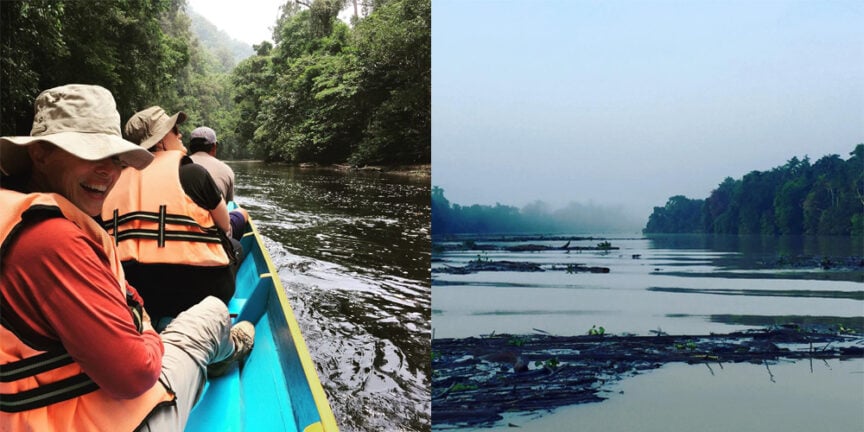 Left image: People on a boat wearing life jackets in a river surrounded by the bountiful forests of Borneo. Right image: Calm river with floating debris and trees on both sides.