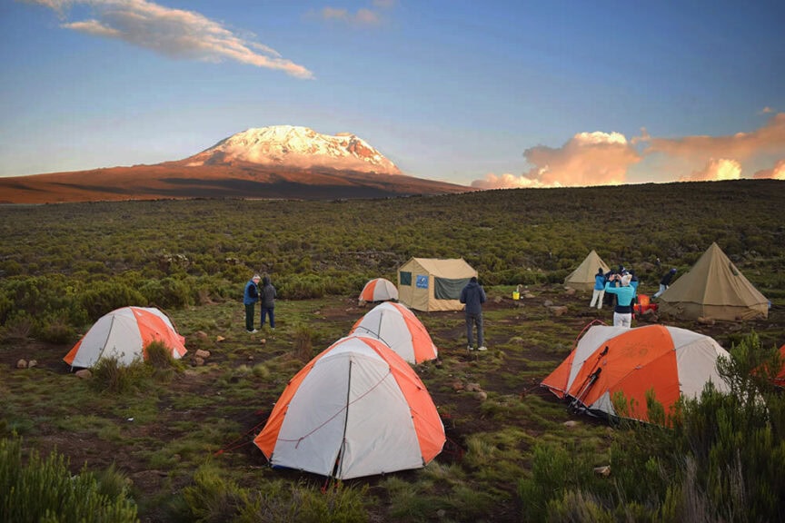 A campsite with several tents set up on a grassy field in Tanzania. People are seen standing and walking around. A snow-capped mountain, reminiscent of Hike Mt. Kilimanjaro, is visible in the background under a partly cloudy sky.