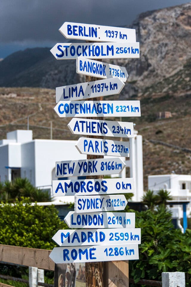 A signpost with multiple white arrows, indicating distances to cities like Berlin (1997 km), New York (8166 km), and Sydney (15122 km), stands against a mountainous backdrop, guiding hikers along Greece trails and beyond.