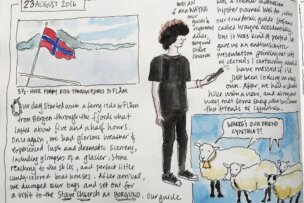 A sketchbook entry dated 23 August 2016 features a drawing of a man speaking, a group of sheep, and a Norwegian flag. The text details a ferry ride amidst the stunning scenery while hiking Norway's Fjord Country and mentions a guide named Neilan.