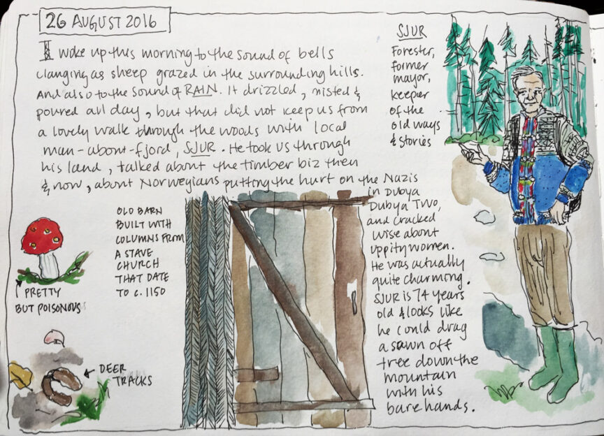 Handwritten journal entry dated August 26, 2016, alongside colored sketches of a mushroom, deer tracks, and a man holding a saw. The entry describes the sound of bells and a tour through a town while hiking in Norway's Fjord Country.