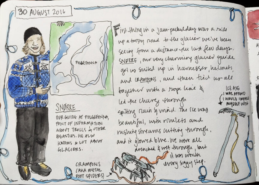 A journal entry from 30 August 2016 includes a sketch of a person in a blue sweater, handwritten notes about an adventure on the Folgefonna glacier in Norway's Fjord Country, with illustrations of crampons and an ice axe—a vivid page from a travel sketchbook.