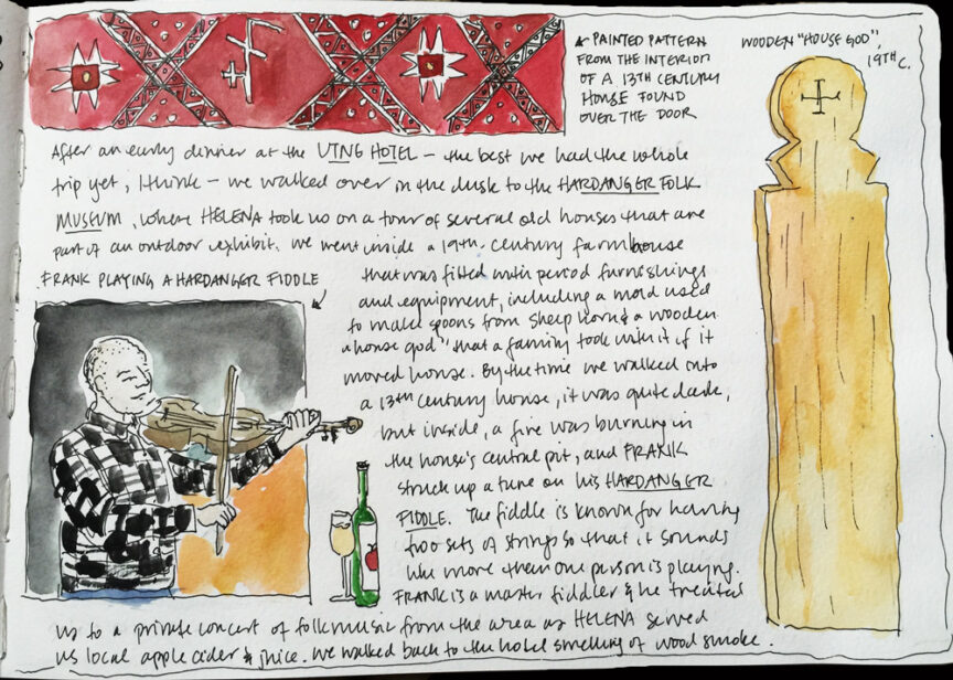 A journal page featuring a drawing of a man playing a fiddle, notes about hiking in Norway and visiting the Hardingfele Folk Museum, as well as illustrations of a painted pattern and wooden "House God" from the 13th century.