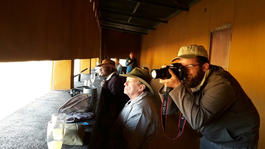 People observing wildlife from a covered viewing area with binoculars and cameras, hoping to catch a glimpse of the majestic Kings of Africa.