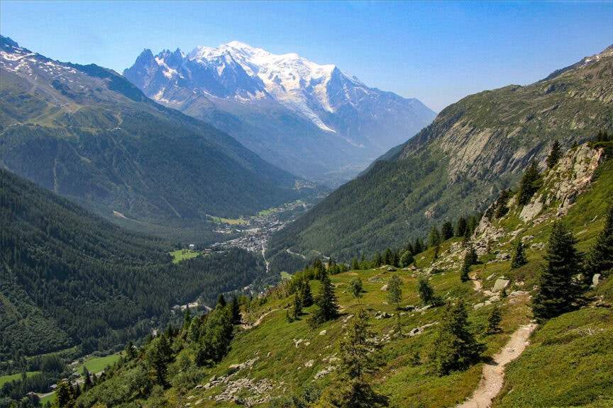 A scenic mountain valley with a winding path, dense forests, and snow-capped peaks in the distance under a clear blue sky, perfect for hiking along the renowned Haute Route from France to Switzerland.