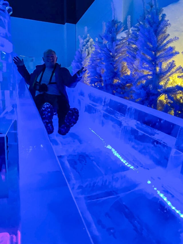 A person is sliding down an ice slide, surrounded by illuminated blue and purple artificial trees, experiencing one of Northern Finland's most enchanting adventures.