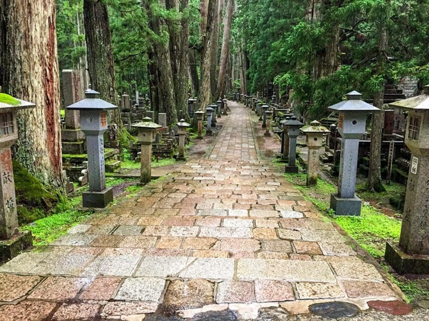 A moss-covered stone pathway lined with stone lanterns leads through a dense forest of tall trees, evoking the timeless serenity of ancient Japanese culture, reminiscent of Koyasan.