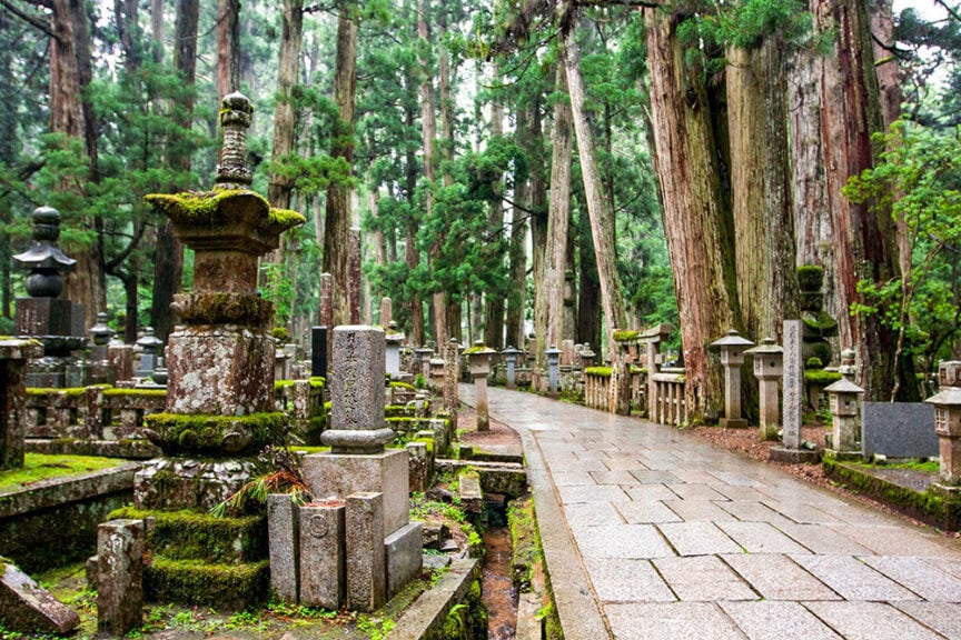 A stone path winds through a forest cemetery reminiscent of Koyasan, with ancient, moss-covered grave markers and tall trees embodying the essence of ancient Japanese culture.