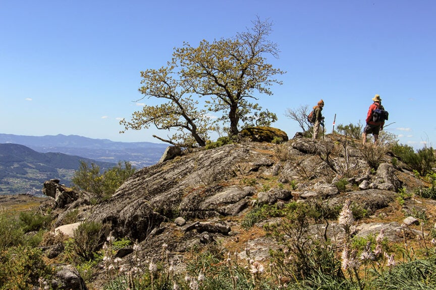 Two people hike up a rocky hill with sparse vegetation and a tree, overlooking the mountainous landscape of rural Portugal under a clear blue sky, savoring the simple pleasures.