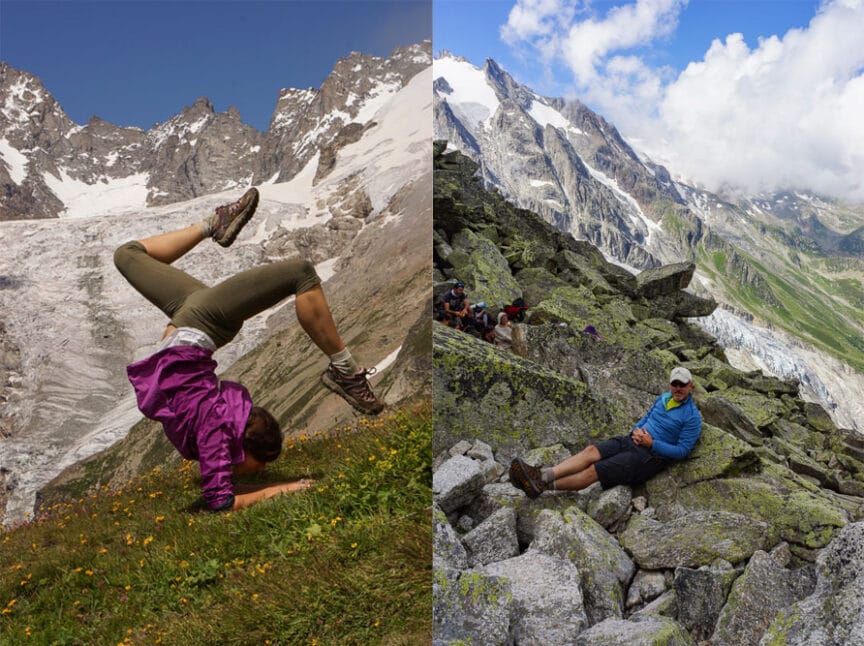 Two images side by side: Left shows a person in a headstand pose on a grassy slope near snowy mountains; Right shows a person sitting on rocky terrain circumnavigating Mt. Blanc with a backdrop of mountains and clear sky.