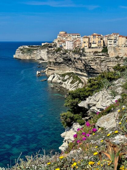 Cliffside buildings in Corsica overlooking a clear blue sea with rocky shorelines and colorful flowers in the foreground, under a clear blue sky, beckon for adventures.