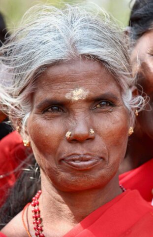 An elderly woman with grey hair and wearing a red garment is shown with small jewelry on her nose. She has a serious expression and slight forehead markings, capturing the essence of traditional South India in portraits.