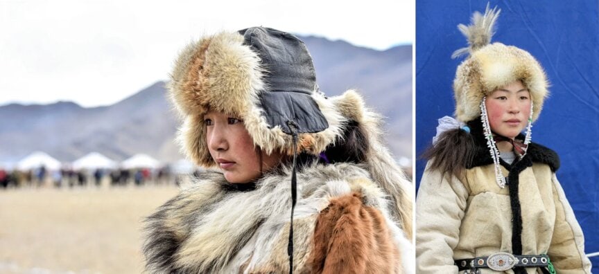 Two images depict a person in traditional fur clothing and headwear: one set against a mountainous backdrop reminiscent of Mongolia, and the other against a blue surface, capturing the spirit of Golden Eagle Hunters.