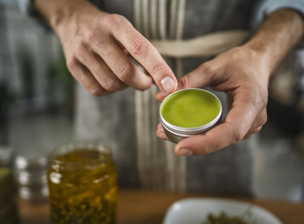 A person dips a finger into a small tin of green herbal salve, surrounded by jars and ingredients—one of the unique things to do when you travel to Juneau.
