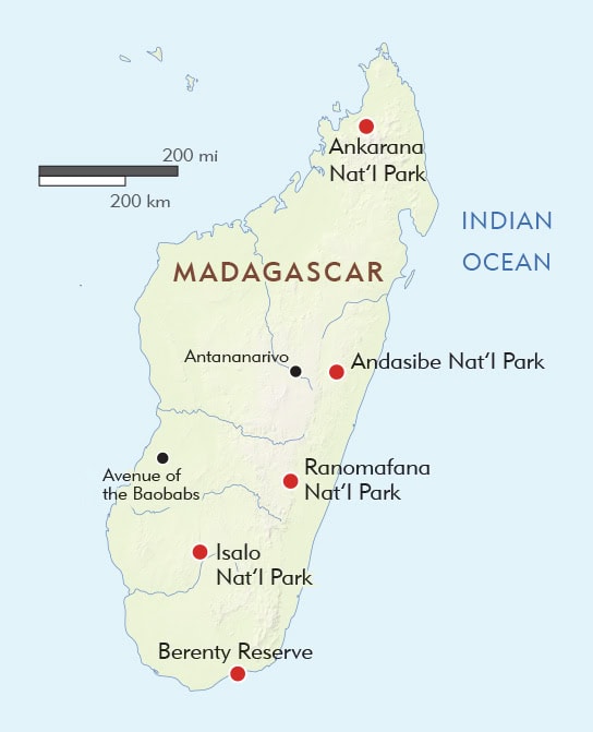 Map of Madagascar highlighting the best parks Madagascar offers, including Ankarana, Andasibe, Ranomafana, Isalo, Berenty, Avenue of the Baobabs, and the capital city Antananarivo.