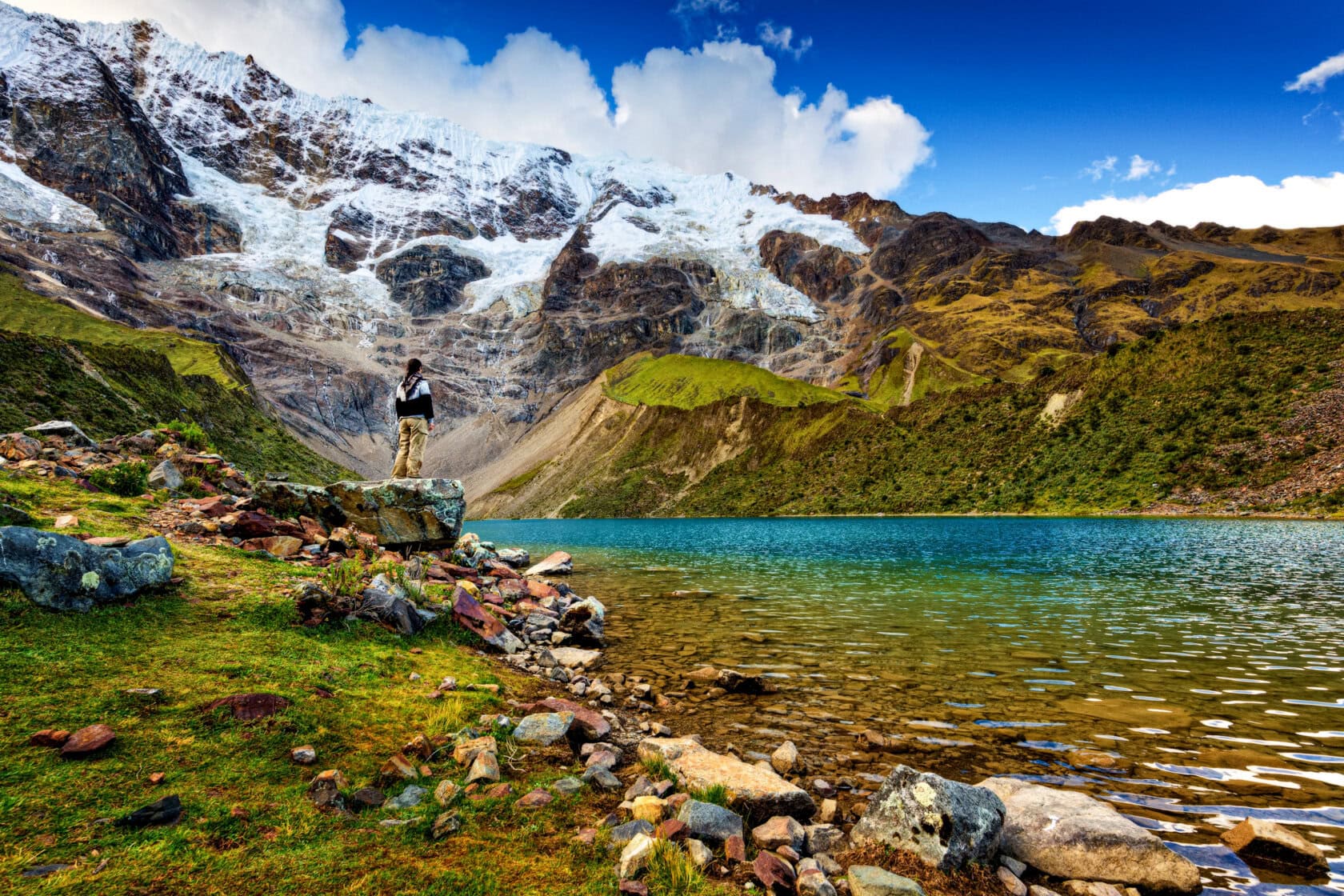 A person stands on a rock by a clear lake in Peru, surrounded by green hills and snow-capped mountains under a partly cloudy sky—a perfect scene for any travel guide seeking the best time to visit.