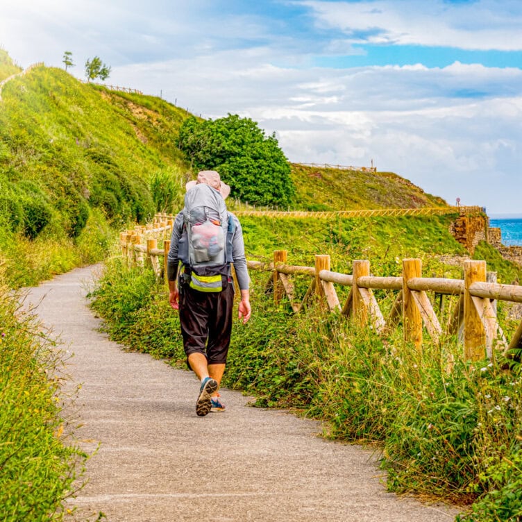 A person with a large backpack walks along a paved path bordered by greenery and a wooden fence, trekking the Camino do Santiago during Holy Year, with hills and a partly cloudy sky in the background.