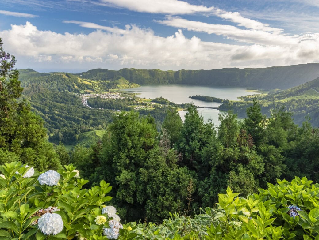A scenic view of a green forest and blooming hydrangeas overlooking a large lake surrounded by hills under a partly cloudy sky—one of the unforgettable Azores things to do for nature lovers.