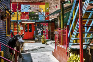 A narrow alley in Buenos Aires with colorful painted buildings, a blue staircase, potted plants, string lights overhead, and a black-and-white cow statue near a red door—one of the unique things to do in Argentina.