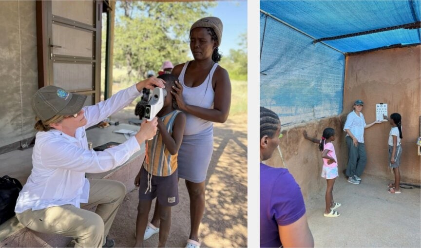 Left: A child receives an eye exam from a seated person while an adult stands nearby—an important outreach step for populations in need. Right: Two children take a vision test while a woman observes under a shaded area, reflecting the compassionate efforts of the eyeglasses nonprofit WT Guest.