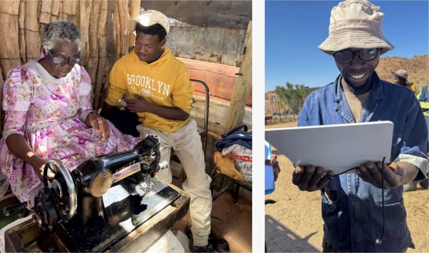Two people sit by a sewing machine in a wooden room, working together as part of the eyeglasses nonprofit. Outside, another person in work clothes and a hat smiles while looking at a tablet, helping to support populations in need.