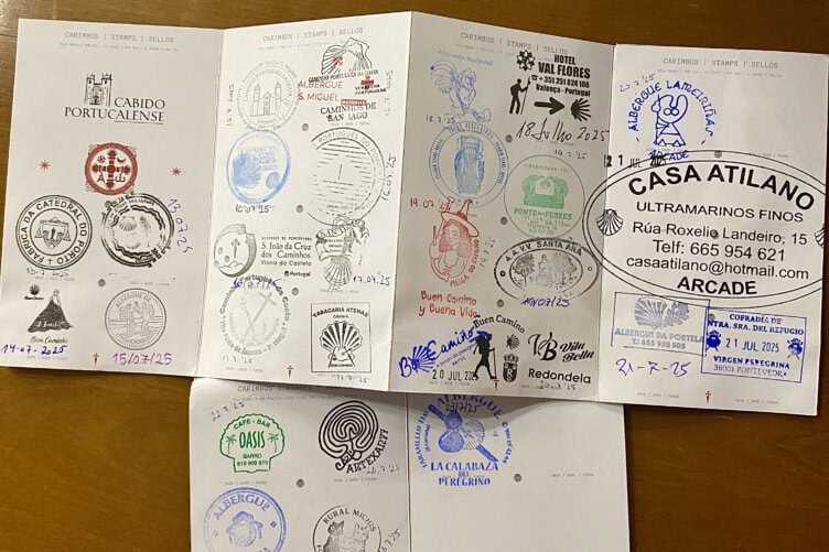 Open passport-like booklet with colorful stamps, seals, and signatures from a Camino de Santiago pilgrimage resting on a wooden surface, featuring a large business sticker.