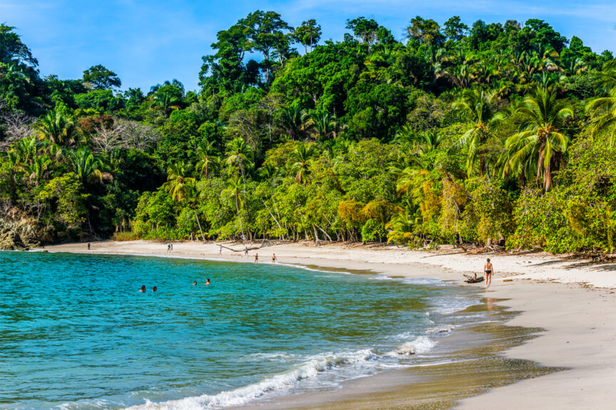 People walk and swim at a sandy beach bordered by turquoise water and dense, green tropical forest under a sunny sky, enjoying the natural beauty that makes Costa Rica’s parks and reserves so renowned.