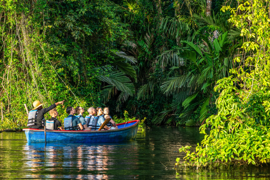 A group of people wearing life jackets sit in a blue boat on a river surrounded by dense green jungle, while a guide points toward the trees in one of the best parks and reserves in Costa Rica.