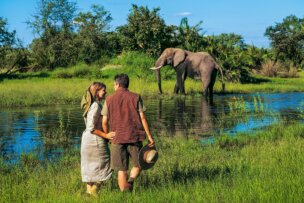 A couple on a private African safari stand in tall grass by a river and look toward an elephant standing in the water.